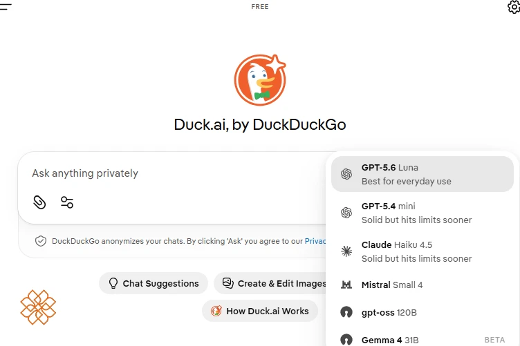 منوی انتخاب و تغییر مدل هوش مصنوعی در پلتفرم Duck AI هنگام شروع چت جدید