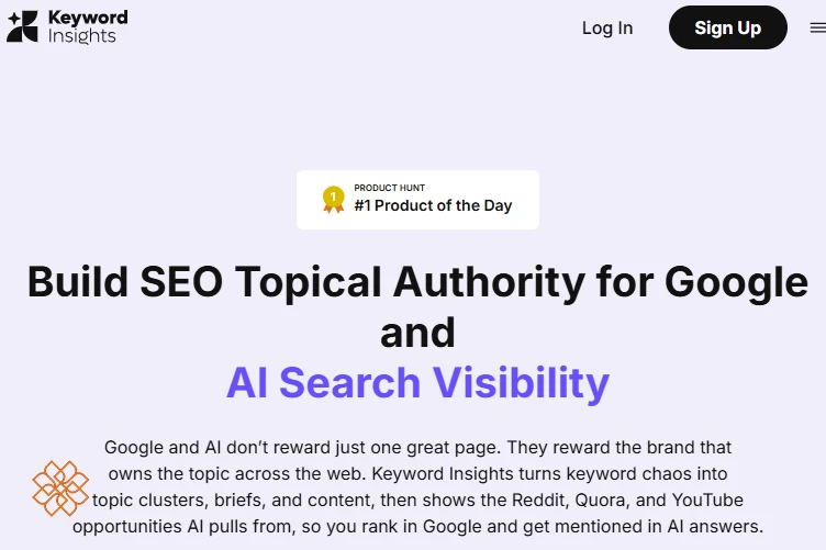اسکرین شات از صفحه اصلی سایت کیورد اینسایتس Keyword Insights برای خوشهبندی کلمات کلیدی و اعتبار موضوعی