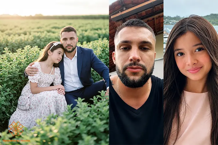 قبل و بعد اجرای پرامپت عکس دختر و پدر در دشت نعنا؛ دختر لباس سفید با گلهای صورتی و پدر، کت و شلوار سورمهای پوشیده است