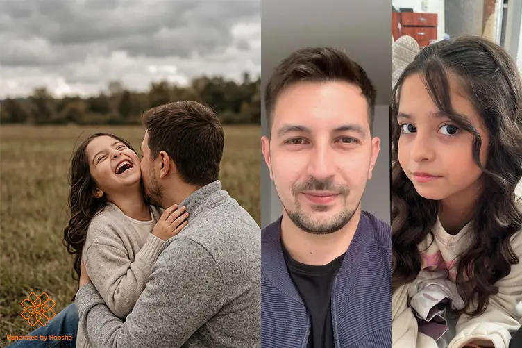 قبل و بعد اجرای پرامپت عکس پدر دختری؛ چهره دختر در حال خندیدن و پدر پشت به دوربین در حال بوسیدن فرزند در فضای آزاد و روز ابری