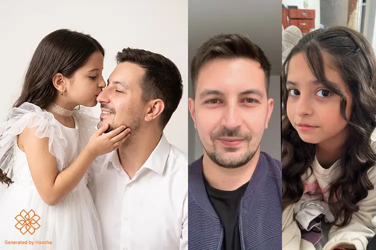 قبل و بعد ساخت عکس با پرامپت عکس پدر دختری آتلیه ای؛ دختر خردسال با لباس مهمانی سفید