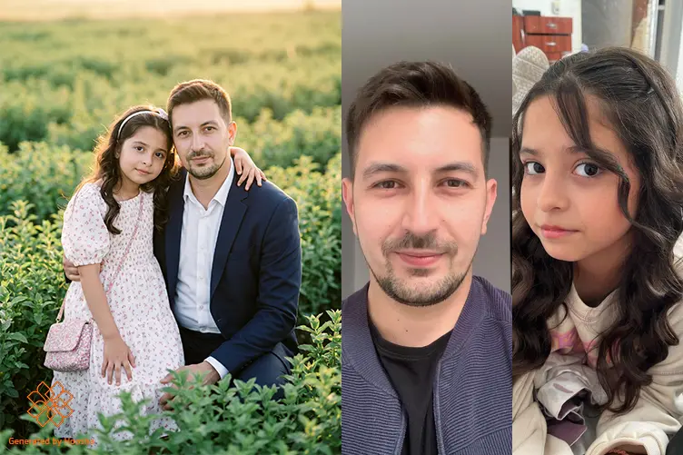 قبل و بعد ساخت عکس با پرامپت آماده عکس دختر و پدر در دشت نعنا؛ دختر با پیراهن نخی گلدار و پدر با کت و شلوار سورمهای