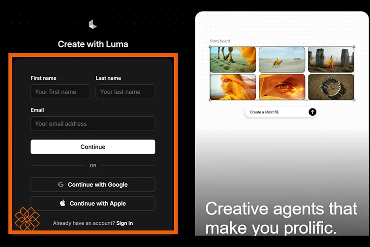 اسکرینشات از صفحه ورود به پلتفرم Luma AI