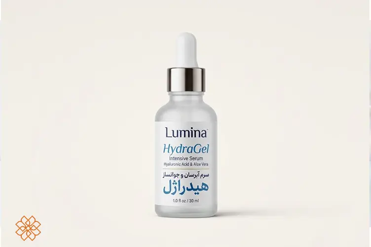 بطری قطرهچکانی سرم آبرسان و جوانساز هیدراژل برند Lumina حاوی هیالورونیک اسید و آلوئهورا با پسزمینه روشن