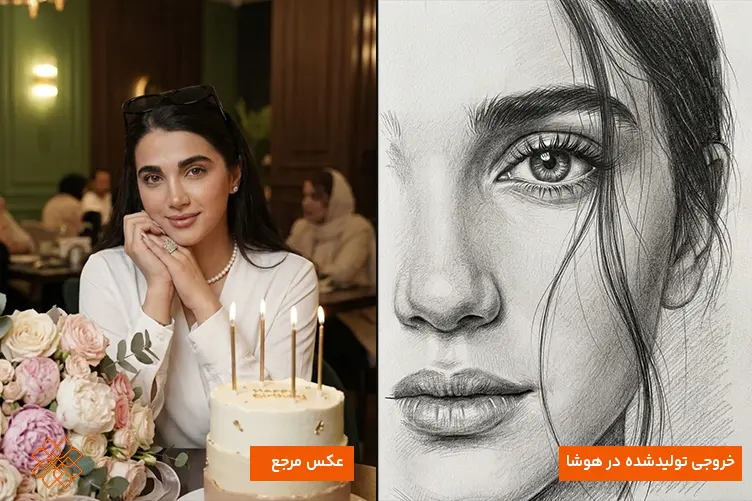 مقایسه عکس مرجع زن با کیک تولد و خروجی هوش مصنوعی به صورت طراحی سیاه قلم چهره.