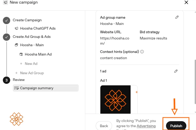 خلاصه اطلاعات کمپین تبلیغاتی هوشا و دکمه انتشار نهایی Publish در پنل OpenAI Ads