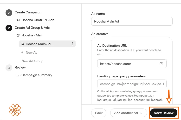 تنظیمات طراحی آگهی شامل نام آگهی، آدرس مقصد سایت هوشا و پارامترهای ردگیری در OpenAI Ads