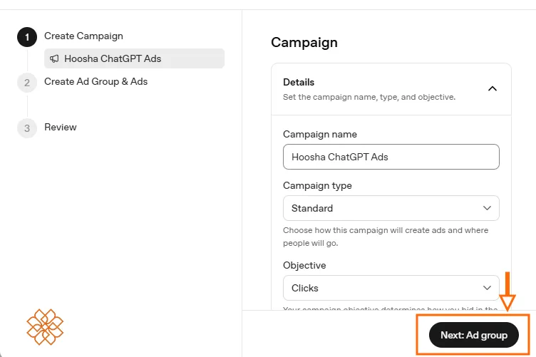 فرم تعیین نام کمپین، نوع کمپین و هدف تبلیغاتی در پنل OpenAI Ads Manager