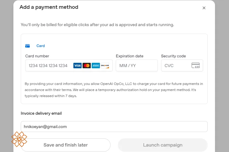 فرم افزودن روش پرداخت و اطلاعات کارت اعتباری در پنل تبلیغاتی OpenAI