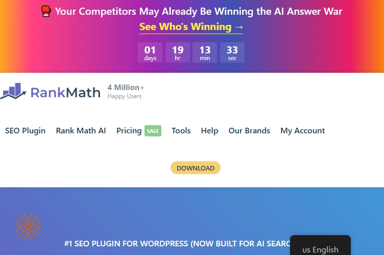 اسکرین شات از صفحه اصلی سایت رنک مث Rank Math برای سئوی وردپرس و قابلیت های هوش مصنوعی