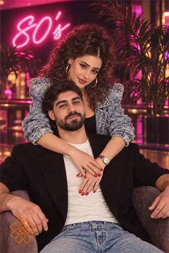 ساخت عکس دهه شصتی دونفره با نورپردازی نئونی صورتی
