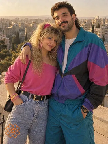 1980s ai photo trend با استایل لباسهای ورزشی رنگارنگ و بادگیر