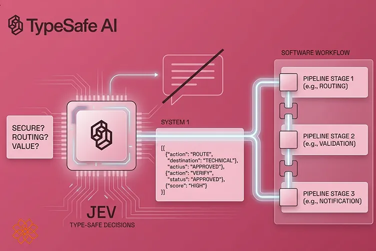 اینفوگرافیک معماری Jev از شرکت TypeSafe AI که نشان میدهد خروجی متنی چتبات حذف شده و تصمیمات ساختاریافته JSON مستقیماً وارد جریان کاری نرمافزار میشوند.