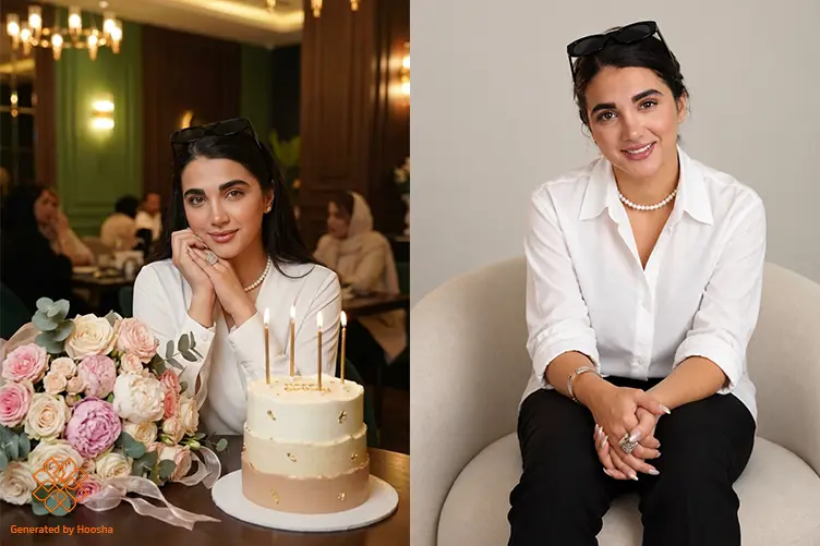 قبل و بعد ساخت عکس با پرامپت عکس تولد زنانه با استایل مینیمال و دستهگل