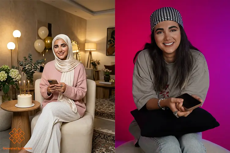 قبل و بعد تست پرامپت عکس تولد زن؛ سمت چپ عکس تولد زنانه در منزل با استایل ساده و خانگی مرتب