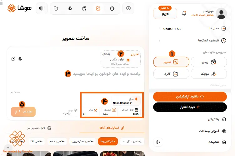 اسکرینشات از مراحل ساخت عکس با هوش مصنوعی در هوشا