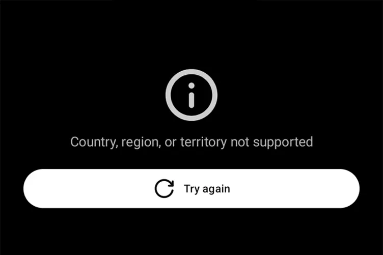 اسکرینشات ارور پشتیبانی نشدن کشور در اپلیکیشن چتجیپیتی با متن Country, region, or territory not supported و دکمه Try again در پسزمینه مشکی