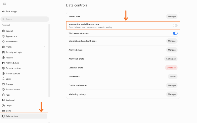 تصویر تنظیمات Data Controls و گزینههای حریم خصوصی چت جی پی تی