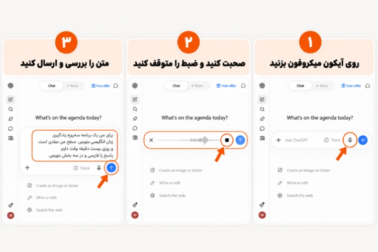 مراحل ارسال ویس و تبدیل صدا به متن در ChatGPT