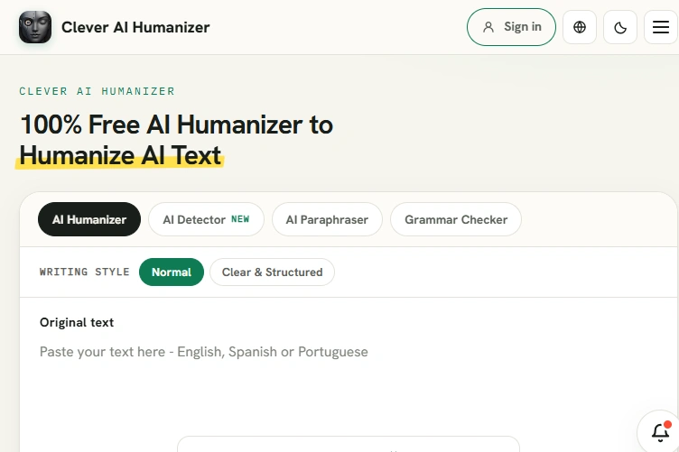 اسکرینشات از محیط ابزار تشخیص محتوای هوش مصنوعی Clever AI Detector