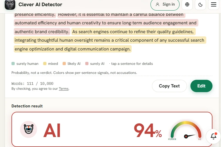 اسکرینشات از تحلیل جملهبهجمله و درصد تشخیص ۹۴ درصدی در ابزار Clever AI Detector
