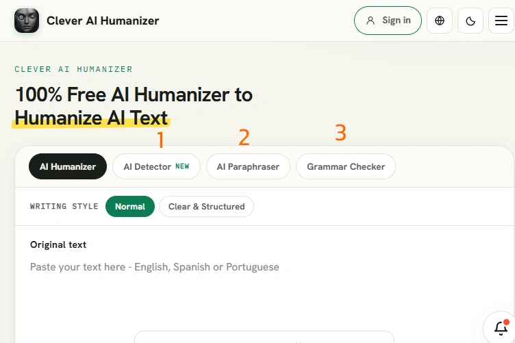 اسکرین‌شات از محیط کاربری و قابلیت‌های اصلی هوش مصنوعی Clever AI Humanizer