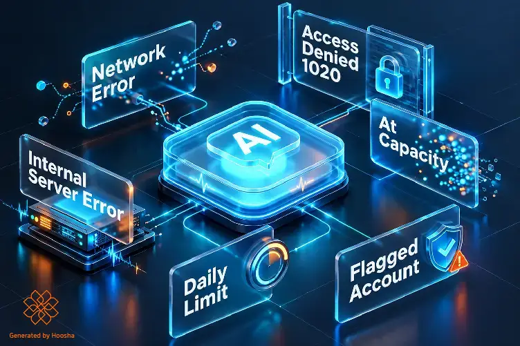 نمایش ارورهای رایج ChatGPT مانند Network Error، Access Denied، Internal Server Error و At Capacity