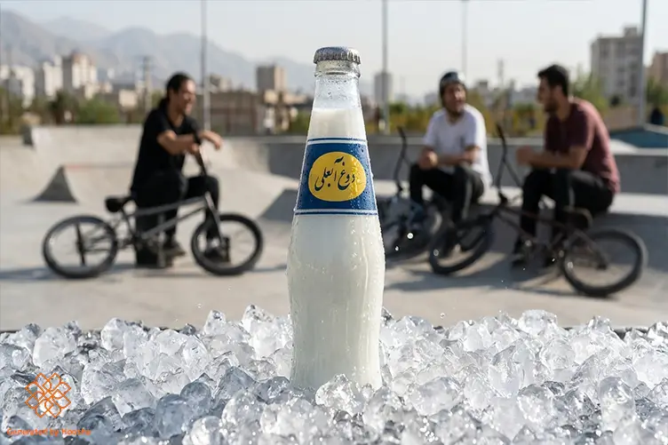 نمایش تصویر مرجع پنجم؛ بطری روی یخ و دوچرخهسواران در مکان هماهنگ با بقیه شاتها