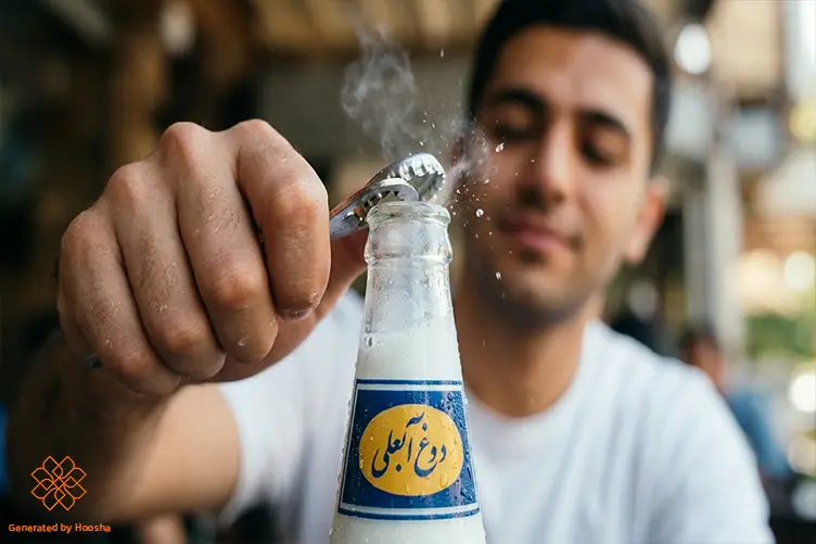 شات چهارم؛ لحظه باز کردن درب بطری برای تولید صحنههای نوشیدن دوغ در تیزر
