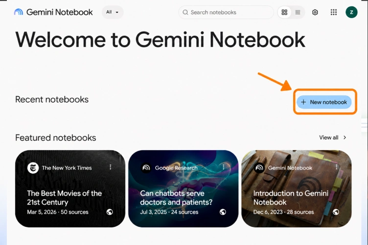 محل دکمه New Notebook برای ساخت دفترچه جدید در جمنای نوت بوک