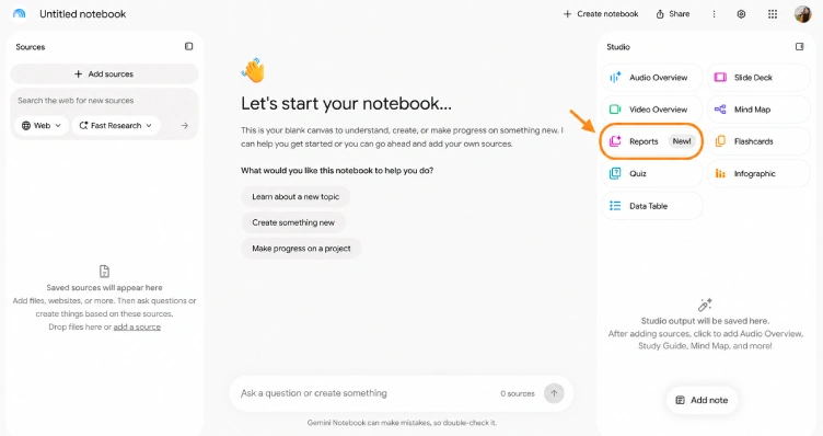 محل گزینه Reports برای تهیه گزارش و راهنمای مطالعه در NotebookLM