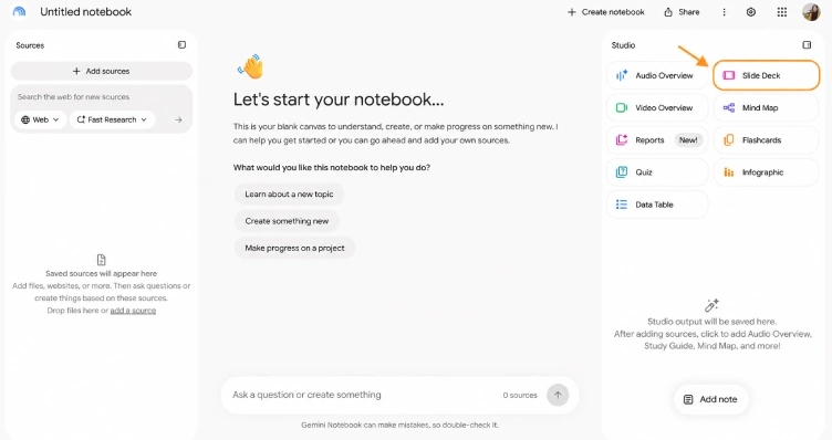نمایش گزینه Slide Deck برای ساخت اسلاید و ارائه در جمنای نوت بوک