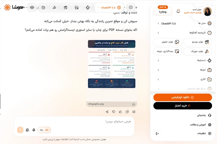 اسکرین شات از تولید اینفوگرافیک توسط ChatGPT 5.5 در محیط چت هوشا