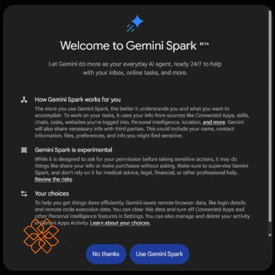 پنجره خوشآمدگویی و فعالسازی ایجنت هوش مصنوعی Gemini Spark گوگل