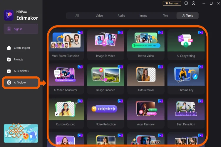 نمای کامل محیط کاربری AI Tools در برنامه HitPaw Edimakor