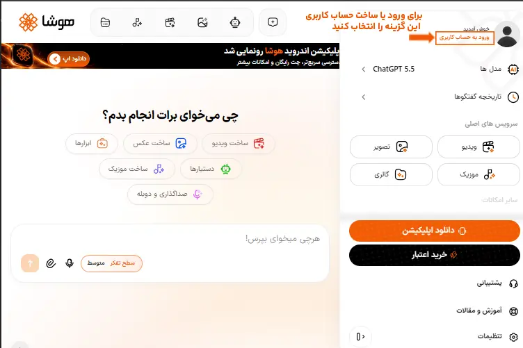 نحوه وارد شدن به حساب کاربری در سایت هوشا