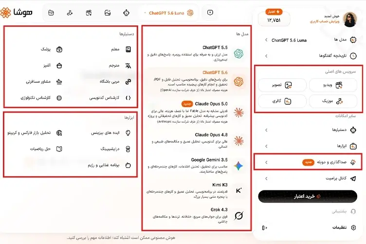 اسکرین شات پنل هوشا شامل مدل ها و ابزارهای هوش مصنوعی