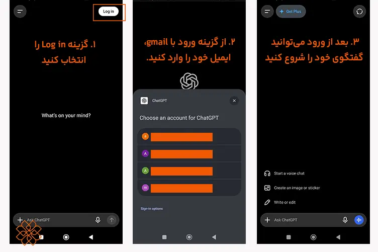 ۳ مرحلهای برای ورود به برنامه ChatGPT در اندروید شامل انتخاب گزینه Log in، ورود با ایمیل گوگل (Gmail) و شروع گفتگو