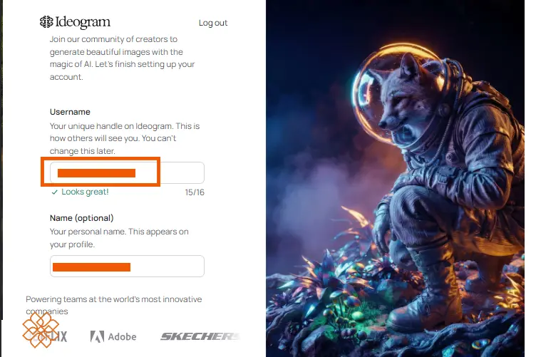 اسکرین شات انتخاب نام کاربری برای ورود به سایت هوش مصنوعی ideogram