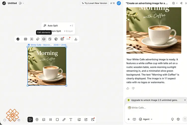 اسکرین شات اصلاح رنگ پسزمینه تصویر قهوه از طریق ابزار Edit Elements در بوم سایت lovart