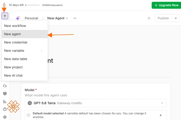 منوی باز شونده کلید مثبت در n8n و انتخاب گزینه New agent با فلش راهنما
