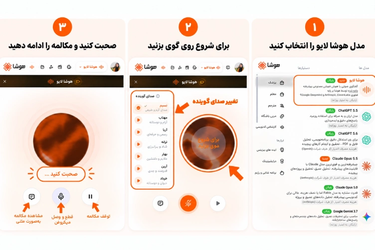 مراحل مکالمه صوتی با هوشا لایو