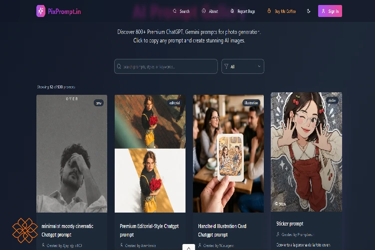 نمای صفحه اصلی وبسایت Pix Prompt و دستهبندی پرامپتها