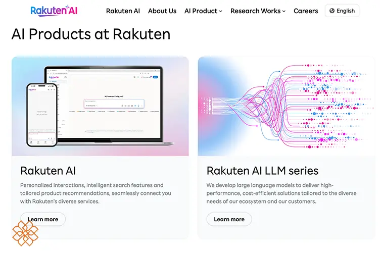 نمای گرافیکی از دستهبندی محصولات و سری مدلهای زبانی Rakuten AI در پلتفرم راکوتن