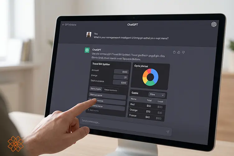 نمایش قابلیت Intelligent UI در چت جی پی تی شامل ابزارک تعاملی تقسیم هزینه، نمودار دایرهای متحرک و جدول دادهها روی مانیتور