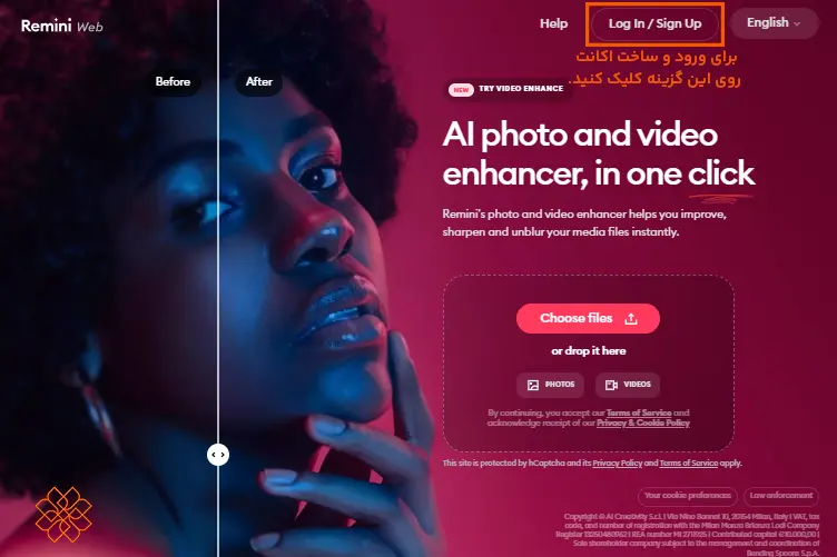 محیط وبسایت Remini Web و راهنمای کلیک روی گزینه Log In / Sign Up برای ورود و ساخت حساب کاربری