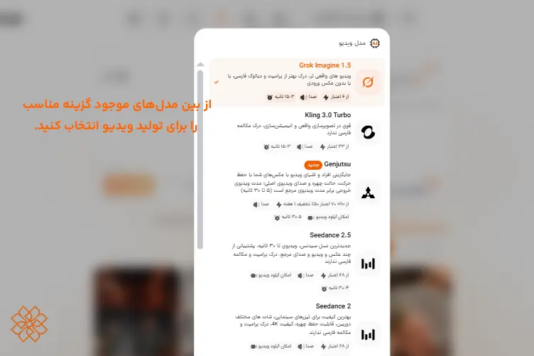 تصویر اسکرینشات از محیط کاربری هوشا که انتخاب مدل هوش مصنوعی (grok imagine) را نشان میدهد.