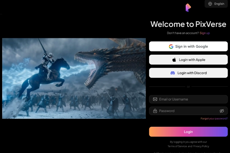 صفحه ورود به حساب کاربری PixVerse برای شروع ساخت ویدیو