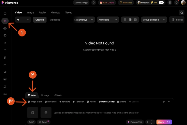 انتخاب بخش Generate و حالت Image & Text در PixVerse برای ساخت ویدیو از تصویر