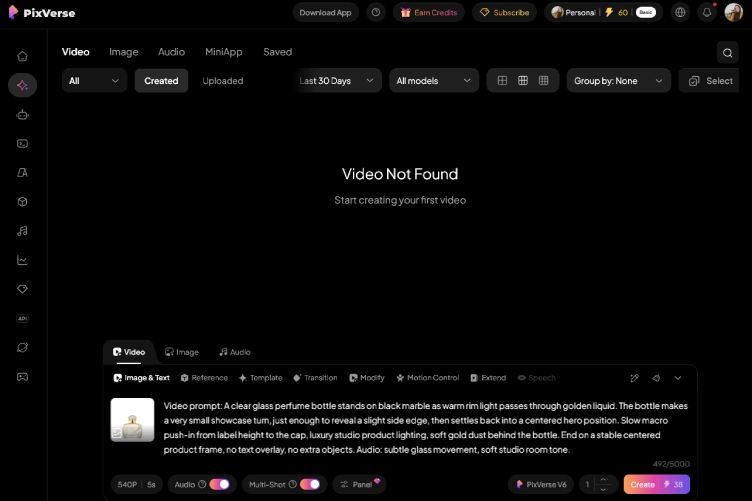 وارد کردن پرامپت انگلیسی ساخت ویدیوی تبلیغاتی عطر در PixVerse